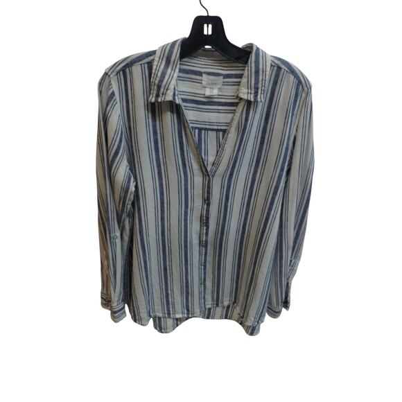 Sigrid Olsen Women's size Medium Striped Linen Button up Quiet Luxury Shirt Top - Picture 5 of 11